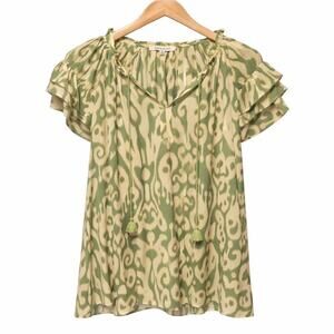 Rose + Olive Plus Size 1X Blouse Womens Green Ruffle Tassels Eclectic Artsy Boho